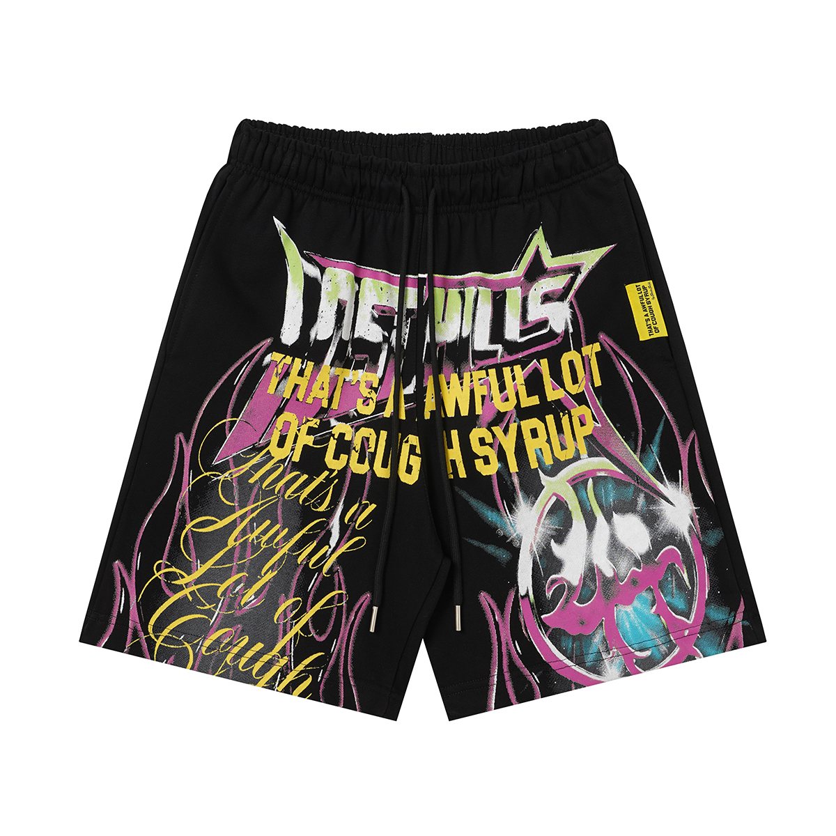 THAT'S A AWFUL LOT OF COUGH SYRUP Black Graphic Drawstring Shorts