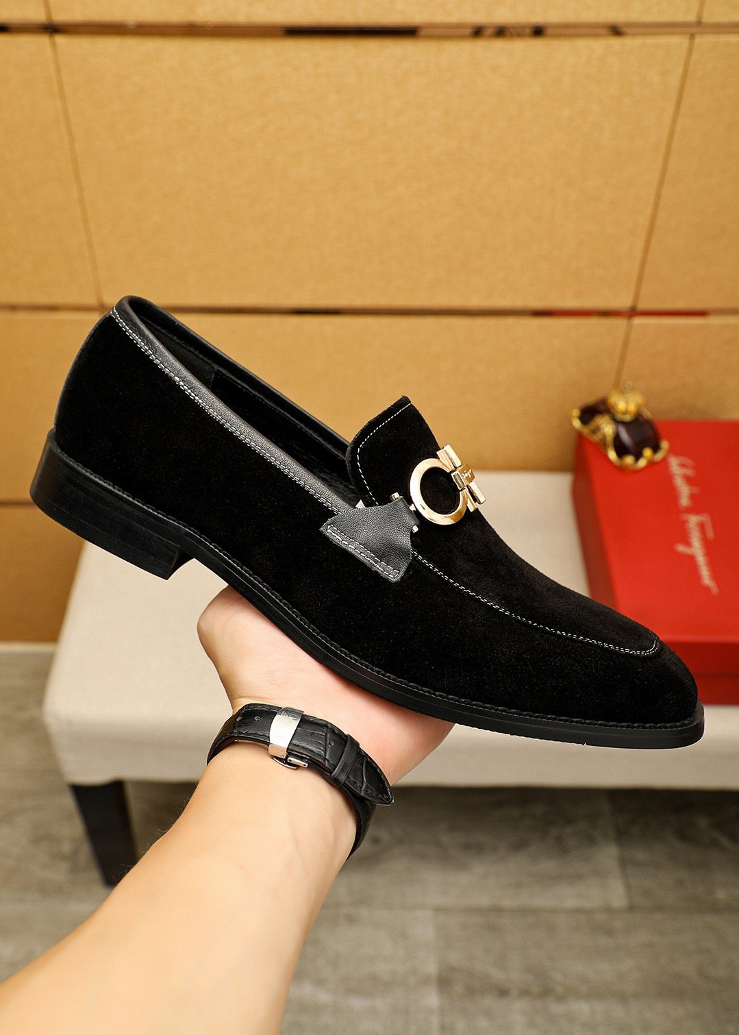 Ferragamo Black Suede Hardware Loafers