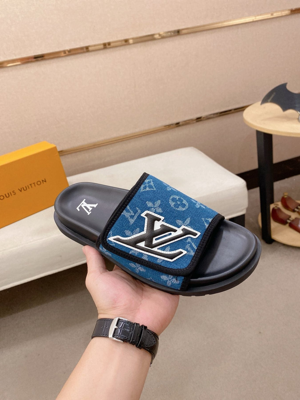 Louis Vuitton Men's Blue Patterned Slide Sandals
