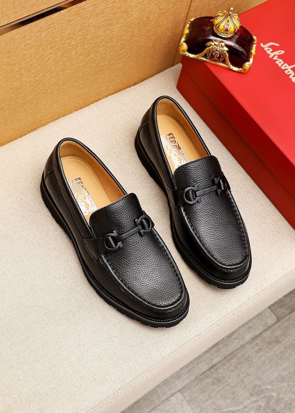 Ferragamo Pebble-Grain Buckle Slip-On Shoes